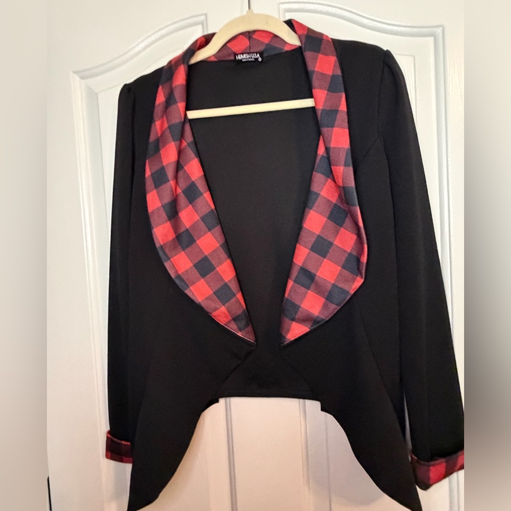 HEIMISH USA Black Blazer with Red Plaid Accents